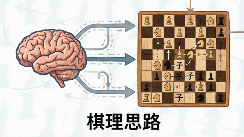 主体为棋理思维构建示意图,布局包含大脑图标与棋盘元素连接,排版逻辑清晰,风格为教育插画风,细节包含思维路径箭头与子力关系图,画质清晰,干净背景,文字“棋理思路”居中显示