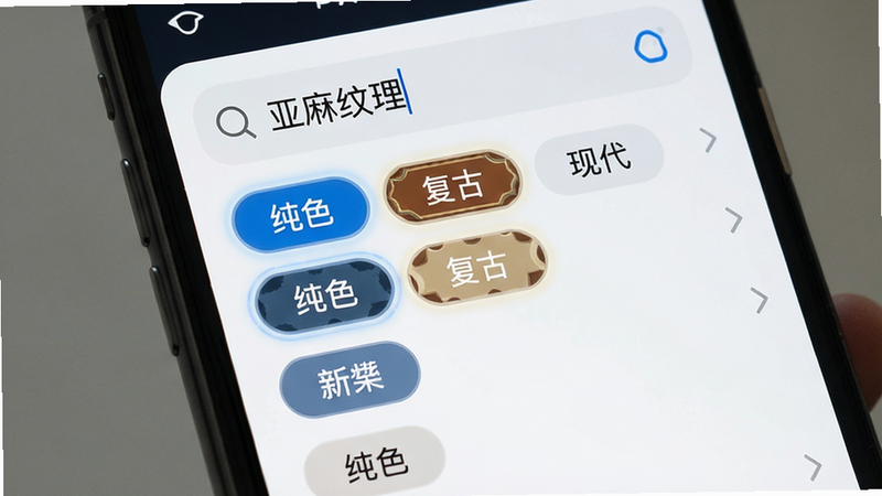 主体是一个手机搜索界面,输入框中显示“亚麻纹理”字样,下方弹出多个分类标签如“纯色”、“复古”、“现代”,布局呈垂直列表状,排版紧凑,风格为科技感与人文结合,细节处显示标签的高亮状态,画质清晰,干净,无多余元素