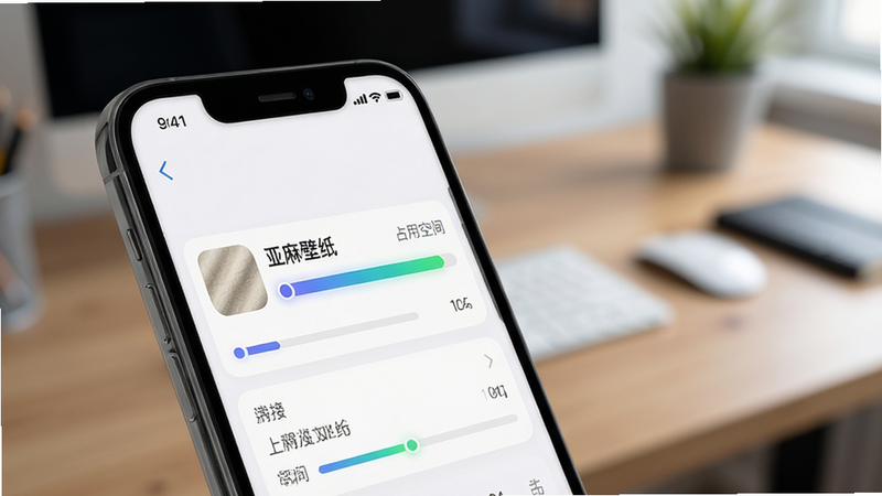 主体是一部手机侧面特写,显示存储管理界面,突出“亚麻壁纸”应用的占用空间,背景是模糊的办公桌场景,布局聚焦于数据图表,排版清晰,风格为商务科技风,细节处显示进度条的渐变色彩,画质高清,干净,无多余元素