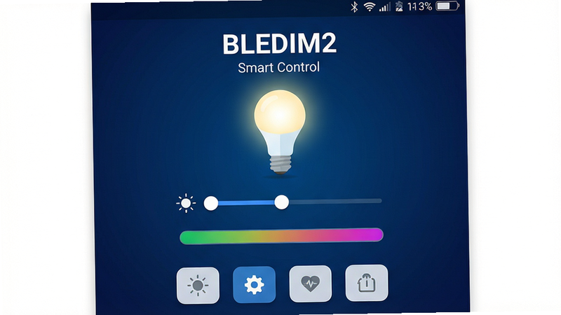 主体为BLEDIM2安卓应用主界面截图,布局清晰,顶部状态栏显示时间电量,中间区域展示一个发光的智能灯泡图标,下方排列着亮度调节滑块和色温调节条,底部有四个功能按钮,风格现代简约,扁平化设计,细节处有柔和的光晕效果,画质4k,干净,无多余元素,背景为深蓝色渐变,文字包含