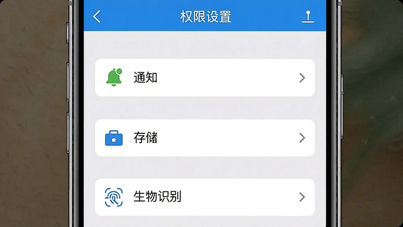 一张手机设置界面的示意图,主体为权限管理列表,布局为垂直列表,排版清晰,风格简洁直观,细节展示“通知”、“存储”、“生物识别”选项,画质高清,干净,文字包含“权限设置”