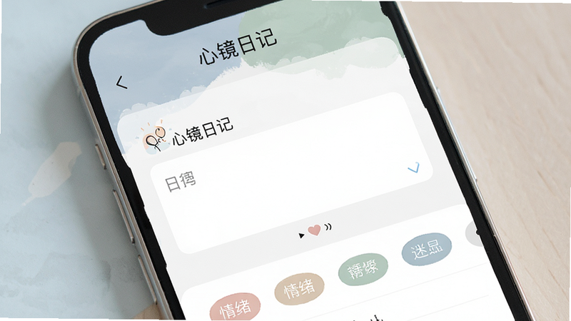一张展示“心镜日记”APP界面的高清图片,主体为手机屏幕,显示简洁优雅的日记编辑页面,背景为柔和的莫兰迪色系,布局清晰,排版整洁,风格清新治愈,细节展现文字输入框与情绪标签选择器,画质超清,干净无多余元素,文字包含“心镜日记”