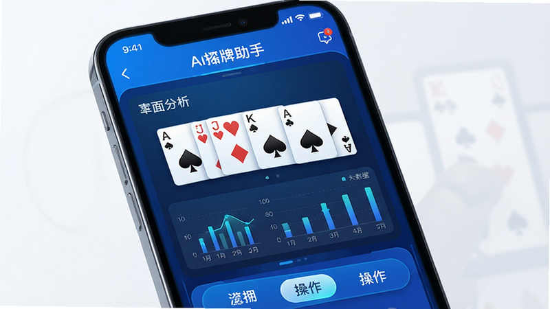 主体为手机屏幕特写,显示“AI捋牌助手”APP界面,布局清晰分为顶部状态栏、中部牌面分析区与底部操作区,排版整洁现代,风格为科技感蓝色调,细节呈现清晰的扑克牌图标与数据图表,画质高清,干净无多余元素