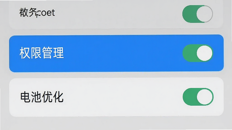 主体为手机设置界面截图,高亮显示“权限管理”与“电池优化”选项,布局为列表式排列,排版清晰易读,风格为扁平化UI设计,细节展示勾选状态与开关控件,画质清晰,干净无水印