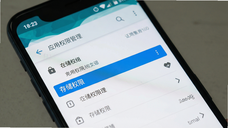 展示手机设置界面,突出“应用权限管理”部分,主体为安卓系统设置页,布局清晰,风格扁平化,细节明确,画质清晰,干净,无多余元素,文字“存储权限”高亮显示
