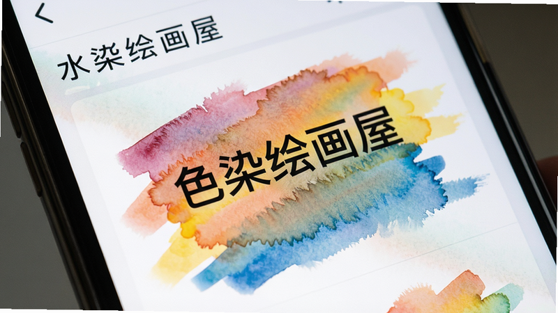 特写镜头展示手机屏幕上绘制的水彩笔触,笔触边缘呈现自然的毛边扩散效果,颜色层层叠加,主体为“色染绘画屋”界面局部,布局紧凑,风格写实,细节丰富,画质细腻,干净,无多余元素,文字“水彩引擎”隐约可见