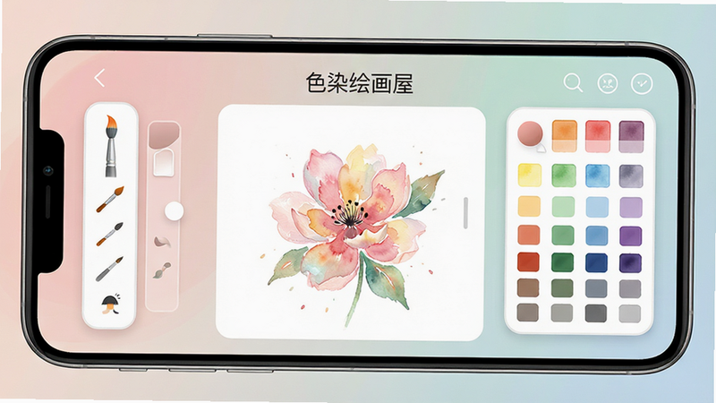 一张高清手机屏幕展示界面,主体为“色染绘画屋”APP,背景为柔和的莫兰迪色系,布局简洁,中央显示一个正在绘制的水彩花朵,左侧是画笔工具栏,右侧是颜色选择盘,风格清新简约,细节清晰,画质极高,干净无多余元素,文字“色染绘画屋”清晰可见