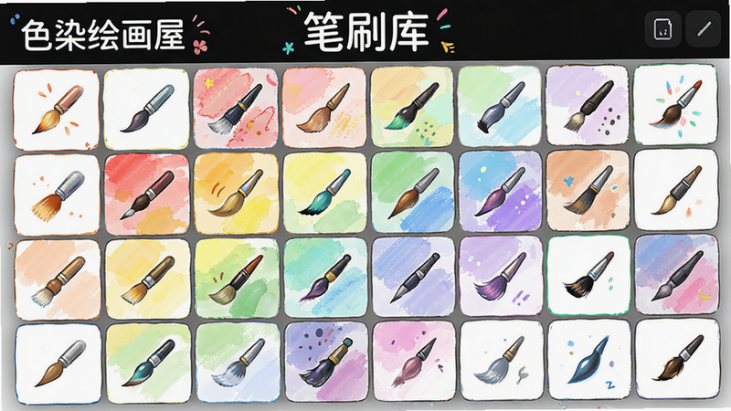 展示“色染绘画屋”的笔刷选择界面,各种笔刷图标以网格形式排列,色彩丰富,布局有序,风格活泼创意,细节生动,画质清晰,干净,无多余元素,文字“笔刷库”清晰可见