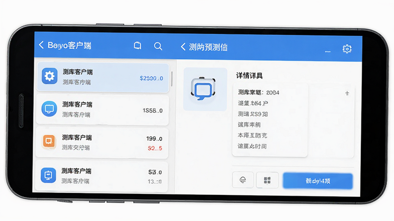 主体为“测库客户端”安卓版手机应用界面展示,布局采用左右分栏结构,左侧为订单列表,右侧为详情预览,排版清晰有序,风格为现代扁平化商务UI设计,细节包含高清图标与柔和阴影,画质4k,干净,无多余元素,背景为纯白