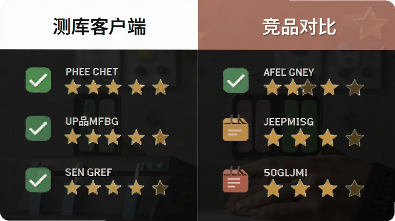 主体为“测库客户端”与竞品对比概念图,布局左右对称,排版平衡,风格为商业对比分析风,细节包含勾选图标与评分星级,画质专业,干净,无多余元素