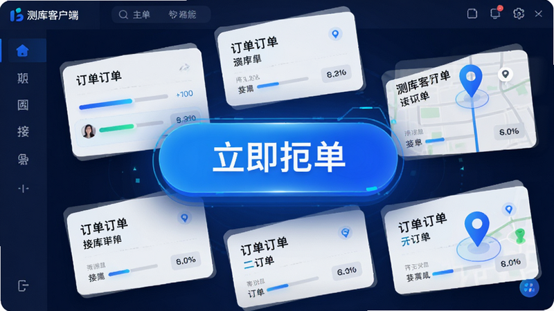 主体为“测库客户端”接单功能演示图,布局中心突出“立即抢单”大按钮,周围环绕订单卡片,排版紧凑且重点突出,风格为科技感蓝色调,细节包含动态进度条与地图定位标记,画质高清,干净,无多余元素