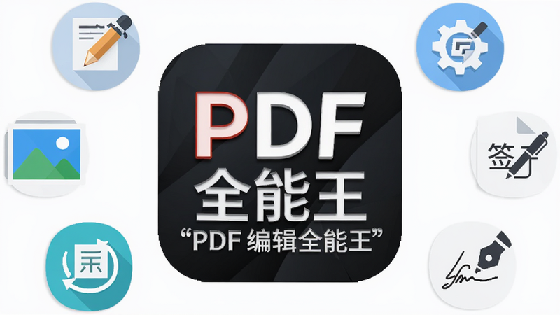 主体为白色背景上的“PDF编辑全能王”APP图标,周围环绕着编辑文字、插入图片、旋转页面、签名笔迹等扁平化功能图标,布局呈放射状分布,排版简洁现代,风格为科技商务风,细节清晰,画质高清,干净,无多余元素,文字“PDF编辑全能王”加引号