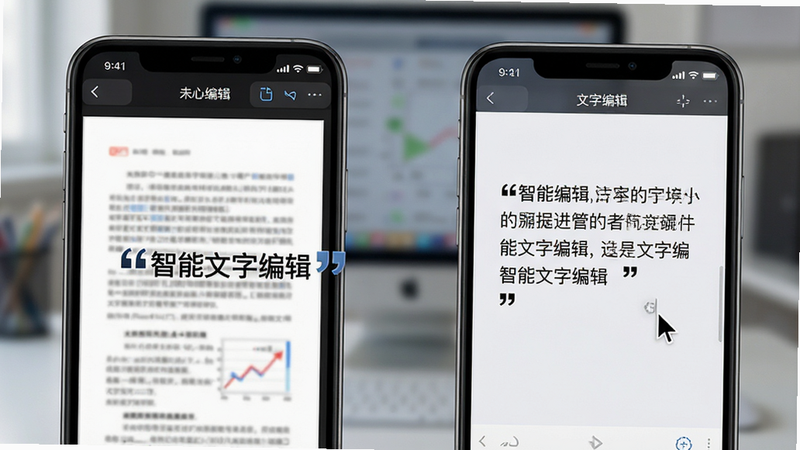 展示手机屏幕界面,左侧是未编辑的PDF文档,右侧是正在编辑文字的光标状态,背景虚化,突出“文字编辑”功能,主体清晰,布局左右对比,排版紧凑,风格为写实科技风,细节丰富,画质清晰,干净,无多余元素,文字“智能文字编辑”加引号