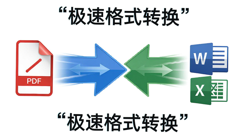 两个箭头在中间交汇,一端是PDF图标,另一端是Word和Excel图标,表示双向转换,主体为转换流程示意图,布局中心对称,排版清晰直观,风格为图标化设计,细节展示箭头动态,画质高清,干净,无多余元素,文字“极速格式转换”加引号