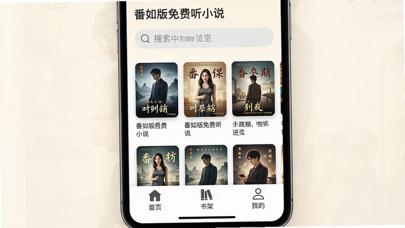 ����Ϊ�ֻ���Ļ���棬��ʾ������������С˵��App��ҳ�����������������ɼ����м��б�չʾ�౾С˵���棬�ײ�������������ҳ����ܡ��ҵ�����ͼ�ꡣ�������࣬�Ű��ƽ��������ִ���Լ��ϸ�ڴ�������͵��װ�ɫ���������ɫ���֣����ʸ��壬�ɾ����޶���Ԫ��