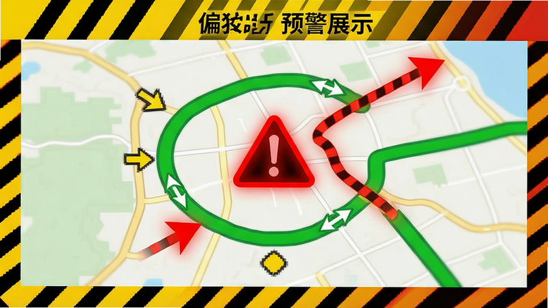 生成一张偏航预警效果展示图,主体为地图局部放大图,布局中心为红色警告图标与偏离轨迹线,周围为正常绿色路线,排版突出警示感,风格警示黄红配色,细节展示箭头指示,画质锐利,干净,无多余元素