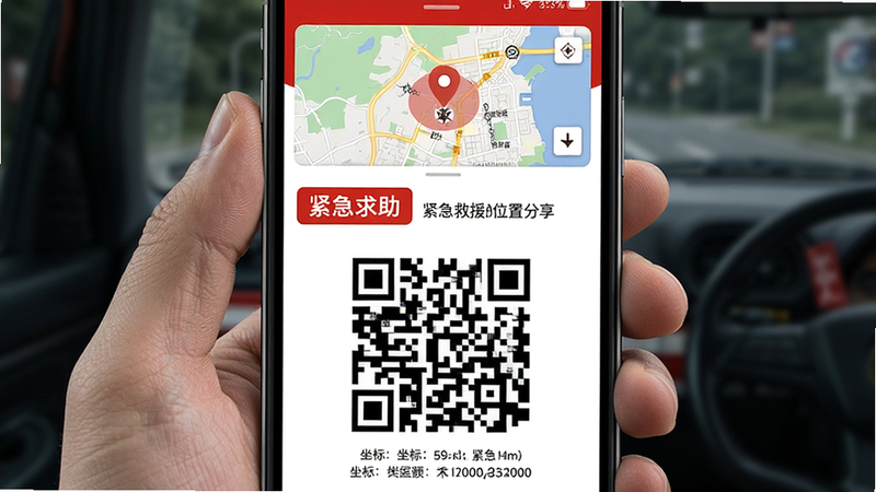 生成一张紧急救援位置分享界面图,主体为手机屏幕显示位置二维码与坐标文本,布局上下结构,上方为地图缩略图,下方为二维码,排版清晰易读,风格紧急红白配色,细节展示‘紧急求助’标签,画质高清,干净,无多余元素