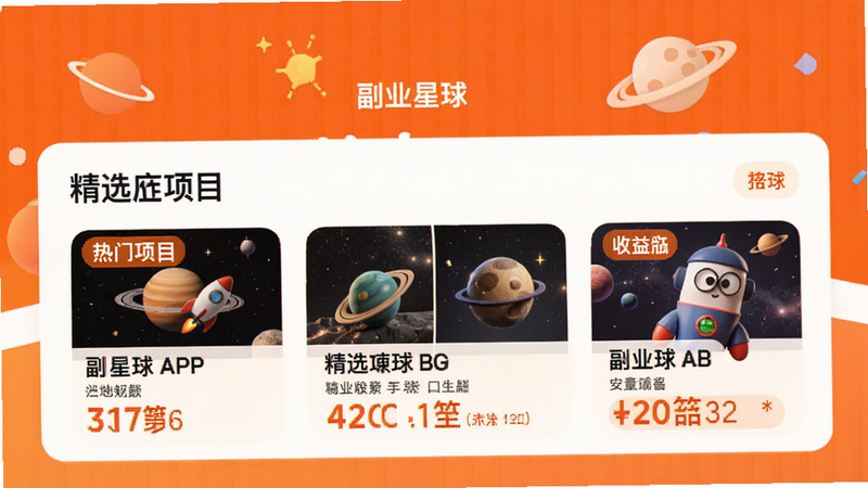 主体是副业星球APP首页,布局突出“精选项目”板块,背景为活力橙色调,风格年轻时尚,细节展现热门项目标签与收益提示,高清画质,干净无多余元素
