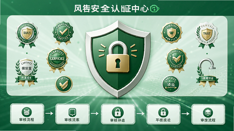 主体是安全认证中心界面,布局中央为大盾牌图标,周围环绕着认证徽章、锁形图标,背景为绿色信任色调,风格稳重可靠,细节展现审核流程步骤,高清画质,干净无多余元素