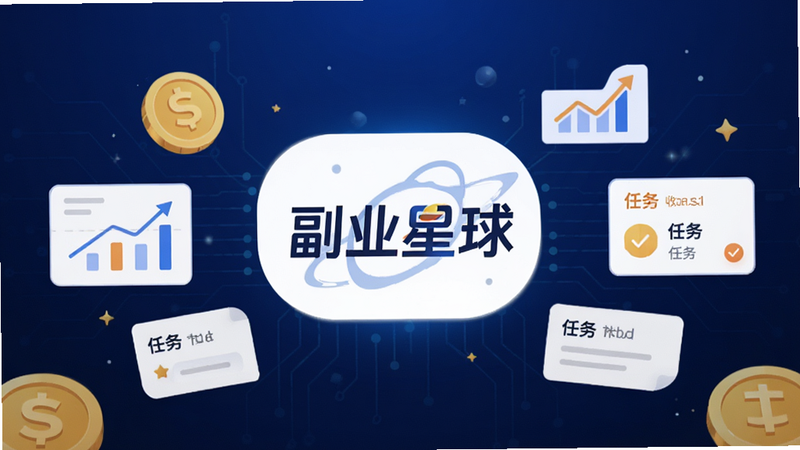 主体是副业星球APP的主界面全景图,布局采用现代极简扁平化设计风格,中央显示醒目的“副业星球”品牌Logo,周围环绕着金币、图表、任务卡片等象征收益与成长的元素,背景为深蓝色渐变科技风,排版清晰,细节丰富,高清画质,干净无多余元素