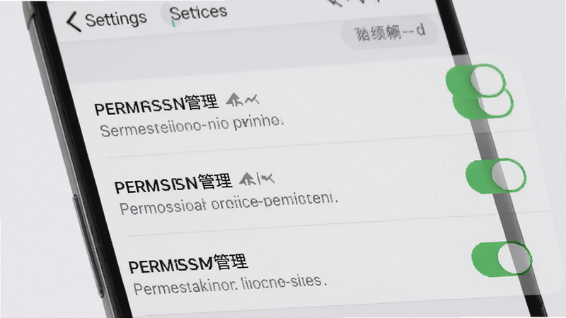 主体是手机设置界面,布局为列表形式,显示权限管理选项,背景为浅灰色,风格简洁直观,细节展现开关状态与说明文字,高清画质,干净无多余元素