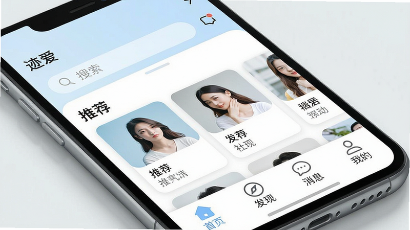 一张现代简约风格的手机屏幕特写,界面显示名为“迹爱”的社交应用首页,顶部有搜索栏,中间是卡片式推荐用户列表,底部导航栏包含“首页”、“发现”、“消息”、“我的”四个图标,整体色调为淡蓝色与白色,界面干净无多余元素,高清渲染,写实风格