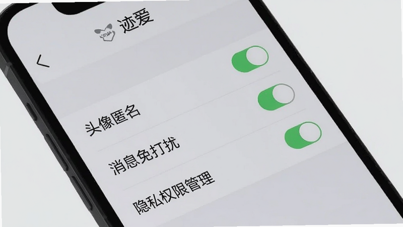 手机屏幕上显示“迹爱”应用的隐私设置页面,包含“头像匿名”、“消息免打扰”、“隐私权限管理”等开关选项,界面简洁清晰,字体可读性强,背景为浅灰色,无多余干扰元素
