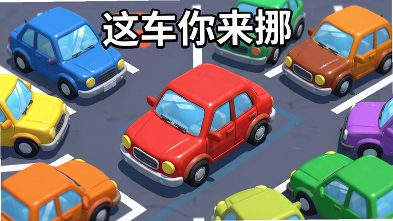 主体为《这车你来挪》游戏主界面截图,布局呈中心聚焦,中央是一辆卡通风格的红色轿车被多辆彩色车辆包围,周围散落着简单的停车场标线,排版简洁明快,风格为扁平化卡通插画,细节丰富展现车辆反光与地面阴影,画质高清,干净,无多余元素,文字“这车你来挪”清晰展示在顶部
