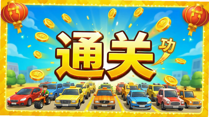主体为游戏通关成功庆祝界面,布局展示金币飞溅与“通关”大字,排版喜庆热闹,风格为明亮黄色调,细节展现车辆整齐排列,画质高亮,干净,无多余元素,文字“成功”动态展示
