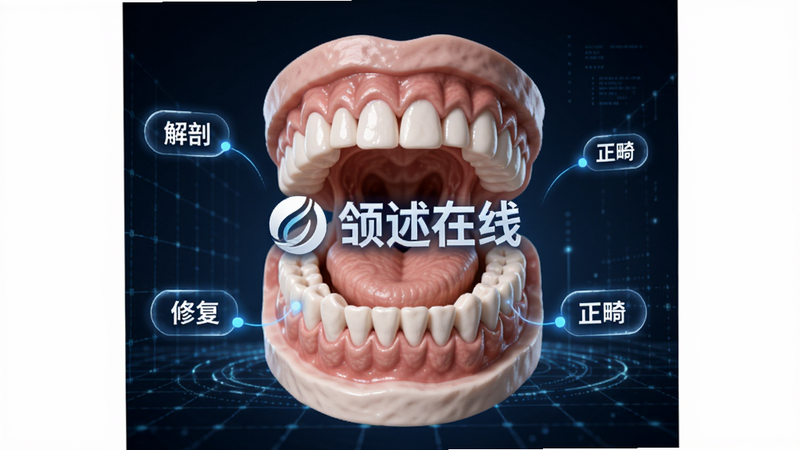 一个立体的3D口腔模型悬浮在空中,周围环绕着发光的知识点标签,如“解剖”、“修复”、“正畸”,中心位置突出显示“颌述在线”Logo,背景为深蓝色科技感网格,风格专业严谨,细节清晰,画质极高,干净无杂乱
