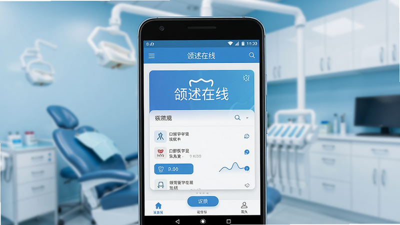 一张展现口腔医学数字学习场景的概念图,主体为一部竖屏显示的安卓手机,屏幕中清晰显示“颌述在线”应用界面,背景是模糊的牙科诊所环境,色调为洁净的蓝白色,风格现代简约,细节丰富,画质高清,干净无多余元素