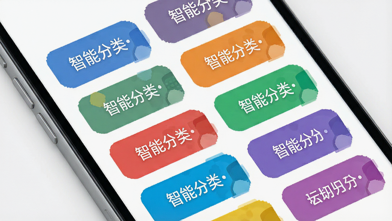 手机界面展示多个彩色分类标签,标签排列整齐,背景为白色,风格扁平化设计,细节精致,画质细腻,干净,无多余元素,文字内容: