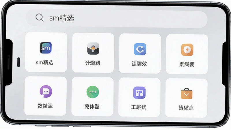 主体为一部竖屏安卓手机,屏幕显示“sm精选”应用主界面,布局为顶部搜索栏加下方网格状功能卡片,卡片包含图标与简短文字,背景为浅灰色渐变,风格现代简约,细节清晰,画质4K,干净,无多余元素,文字内容: