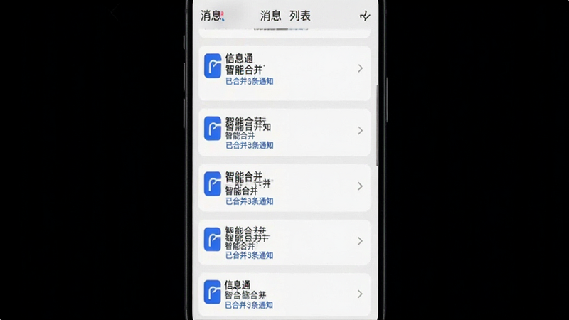 主体为信息通APP的消息列表界面,布局为垂直滚动列表,排版展示多条合并后的通知卡片,风格为极简白色背景搭配蓝色高亮,细节展示“已合并3条通知”字样,画质清晰,干净,无多余元素,文字内容包含
