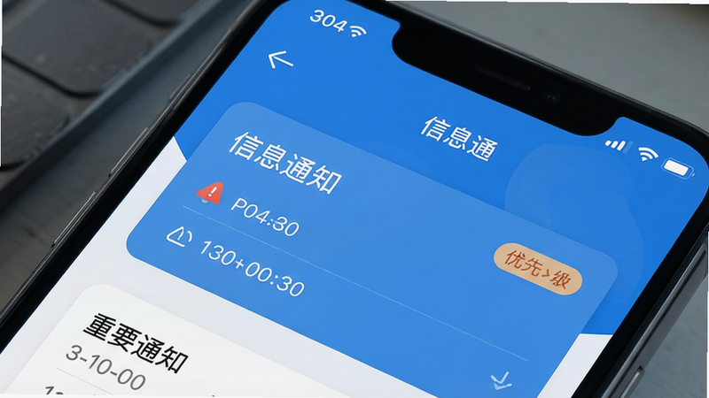 主体为“信息通”APP的手机界面特写,布局清晰展示顶部状态栏与核心通知卡片,排版简洁现代,风格为扁平化科技蓝,细节呈现消息时间戳与优先级标签,画质高清,干净,无多余元素,文字内容包含