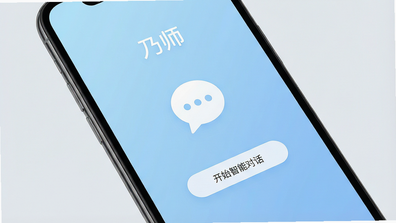 一张展示智能手机屏幕的高清图片,屏幕中央显示“乃师”APP的启动界面,背景为柔和的浅蓝色渐变色,界面中心有一个简洁的白色对话气泡图标,下方有“开始智能对话”按钮,整体风格现代简约,UI设计扁平化,无多余装饰,高清,4k分辨率