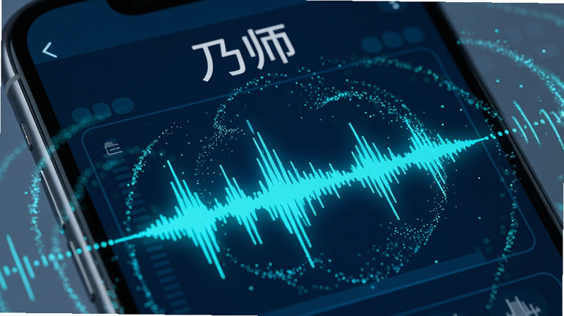 手机屏幕特写,显示语音波形图在跳动,上方有“乃师”字样,背景为深蓝色科技感界面,波形线条为亮青色,周围环绕着声波粒子效果,体现语音识别的实时性,细节丰富,高清摄影风格