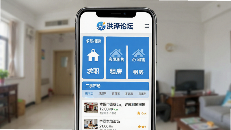 一张高清晰度的手机界面预览图,主体为“洪泽论坛”APP首页,布局清晰,顶部显示“洪泽论坛”Logo,中间分为“求职招聘”、“房屋租售”、“二手市场”三大核心板块,采用蓝白配色的扁平化设计风格,细节处展现本地资讯流,画质8k,干净无多余元素,文字加引号“洪泽论坛”,“求职”,“租房”