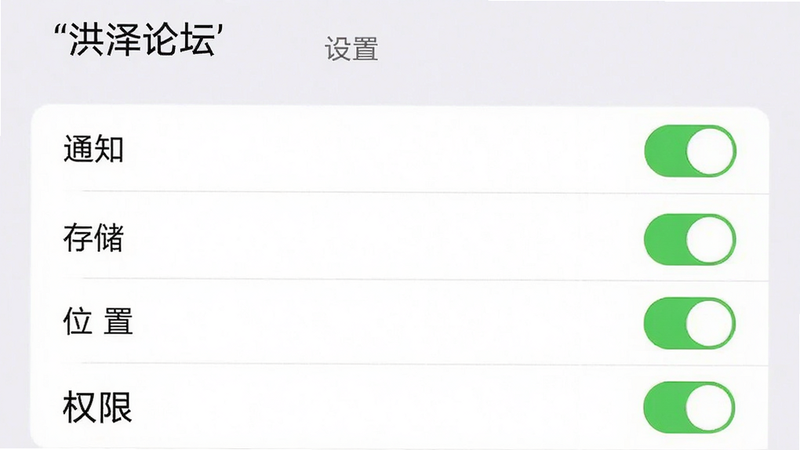 展示“洪泽论坛”APP设置界面,主体为权限管理列表,布局为垂直列表,排版清晰,风格简约,细节显示“通知”、“存储”、“位置”等开关状态,文字加引号“洪泽论坛”,“设置”,“权限”,画质清晰,无水印,无多余元素