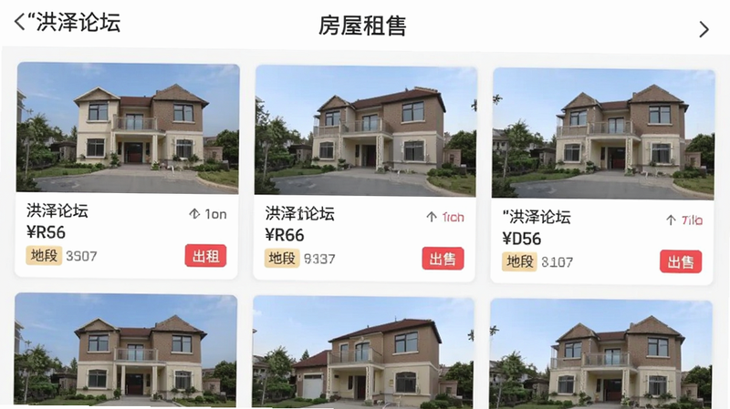 展示“洪泽论坛”APP内“房屋租售”板块的界面截图,主体为房产列表,布局为卡片式排列,排版整齐,风格简洁现代,细节包含房屋图片、价格、地段标签,文字加引号“洪泽论坛”,“出租”,“出售”,画质清晰,无水印,无多余元素