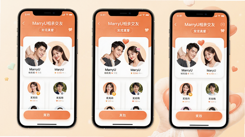 主体为MarryU相亲交友APP界面全景,布局采用中心聚焦式设计,展示核心匹配页面与用户头像卡片,排版整洁有序,风格清新现代且带有温暖色调,细节处体现高质感的UI交互元素,画质4K高清,干净无多余元素,文字包含