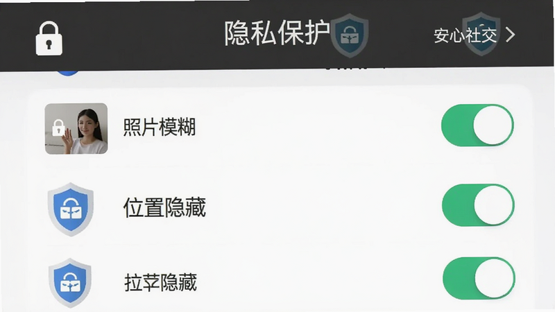 主体为隐私保护功能界面,布局为设置列表形式,展示照片模糊、位置隐藏等开关选项,排版简洁明了,风格安全可信,细节包含锁头图标与隐私盾牌,画质清晰,干净无干扰元素,文字包含