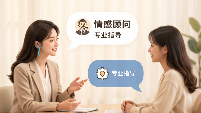主体为情感顾问服务场景,布局为顾问与用户对话气泡形式,排版温馨自然,风格亲切专业,细节展示倾听姿态与建议图标,画质柔和,干净背景,文字包含