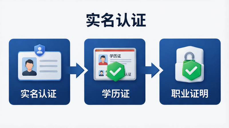 主体为身份认证流程示意图,布局为步骤条形式,展示身份证、学历证、职业证明的上传与验证环节,排版清晰直观,风格专业严谨,细节包含盾牌图标与绿色对勾,画质高清,干净无杂乱背景,文字包含