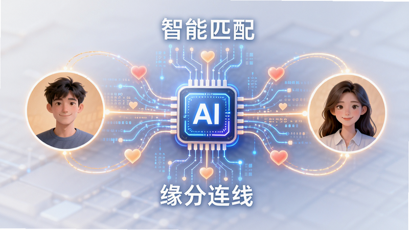 主体为算法匹配概念图,布局为两个用户头像通过发光线条连接至中心AI芯片图标,排版对称平衡,风格科技感与温情并存,细节展示数据流与爱心符号融合,画质细腻,干净背景,文字包含