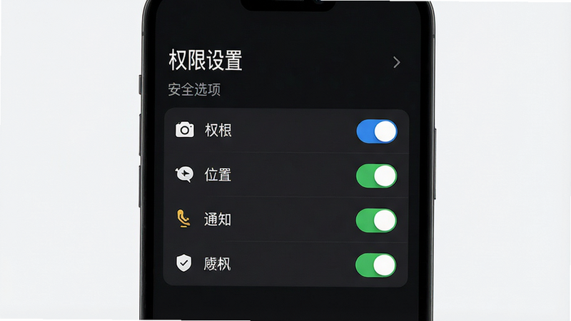 主体为手机设置界面示意图,布局为权限管理列表,展示相机、位置、通知等权限开关,排版清晰,风格简洁现代,细节包含开关按钮与图标,画质高清,干净背景,文字包含