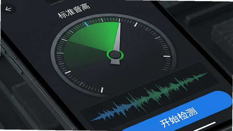 笛子教练APP内的音高校准功能界面特写,背景为深灰色以突出显示内容,屏幕中央是一个巨大的圆形音准表盘,指针指向中心绿色区域,周围环绕着细小的刻度线,表盘上方显示“标准音高”字样,下方有实时音频波形条在跳动,界面右下角有一个蓝色的“开始检测”按钮,整体设计极简,色彩对比强烈,科技感十足,高清细节