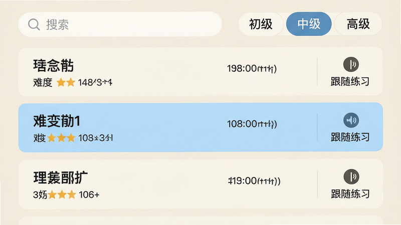 笛子教练APP的曲库列表页面,背景为浅米色,列表项整齐排列,每一项包含曲名、难度星级、时长信息,选中的一项高亮显示为浅蓝色背景,右侧有一个“跟随练习”图标,界面顶部有搜索框和分类筛选标签(初级、中级、高级),字体清晰易读,排版疏密有致,视觉体验舒适,现代UI设计风格,高清渲染