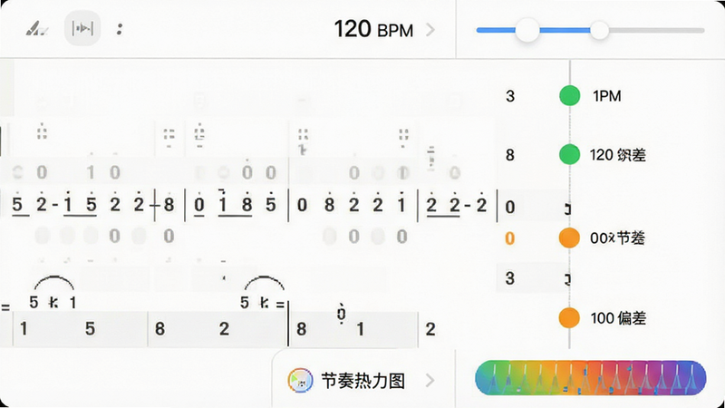 笛子教练APP的节奏分析界面,左侧显示一个正在播放的简谱片段,右侧是一个垂直的时间轴,时间轴上分布着不同颜色的圆点代表音符,绿色圆点表示节奏准确,橙色圆点表示节奏偏差,背景为白色,界面顶部有速度调节滑块显示“120 BPM”,底部有“节奏热力图”标签,整体布局清晰,逻辑性强,扁平化设计风格,色彩鲜明,无复杂背景