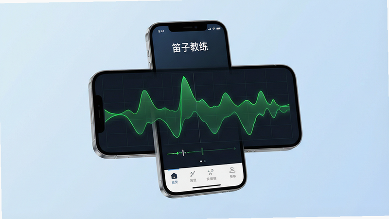 一张展示“笛子教练”APP主界面的高清产品渲染图,背景为柔和的浅蓝色渐变色,中央悬浮着一部现代智能手机,手机屏幕中显示着笛子教练的实时音高波形图界面,波形线条呈现动态的绿色流动效果,界面顶部清晰显示“笛子教练”四个白色中文字体,底部有简洁的功能导航栏,整体风格简约科技,光影质感细腻,8k分辨率,无多余装饰元素